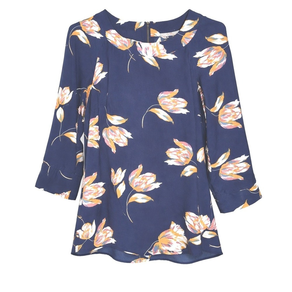 Daniel Rainn Floral Blouse Navy Boho Lightweight 3/4 Sleeve‎ Top